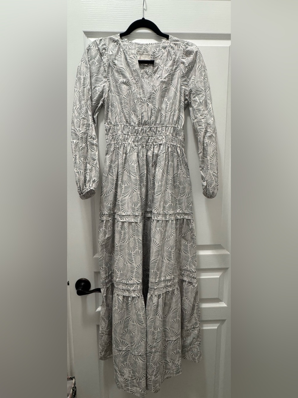 Anthropologie Long Sleeve Tiered Maxi Dress in green and cream Leaf Print